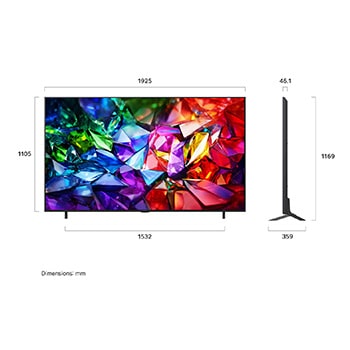 LG Micro RGB evo AI MRGB95 toont aan de voor- en zijkant een 100-inch display met een scherm van 2230 mm breed, een schermhoogte van 1277 mm, een hoogte van 1374 mm met standaard, een diepte van 49,9 mm en een standaardvoetafdruk van 1725 bij 415 mm.